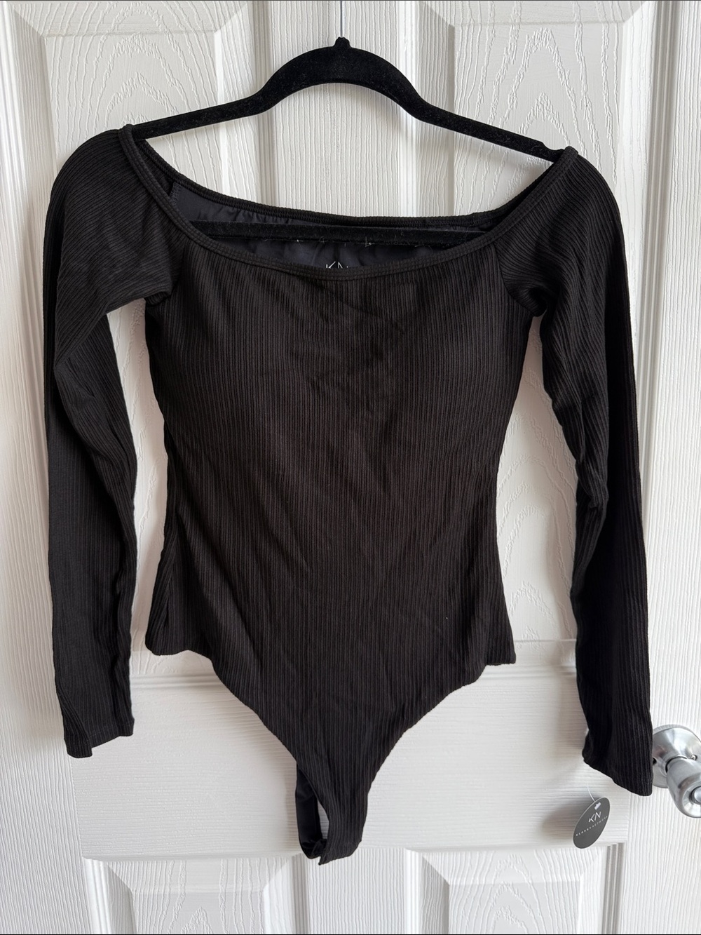 Klassy Network Black Ribbed Off-Shoulder Long-Sleeve Bodysuit